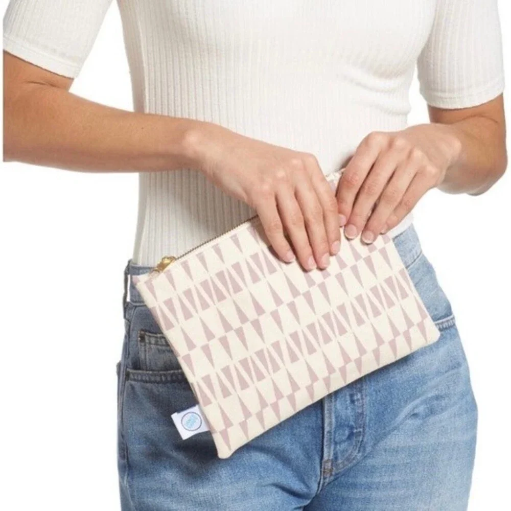 Dance Happy NWT Geometric Pattern Canvas Zipped Pouch Cosmetic Bag Light Mauve